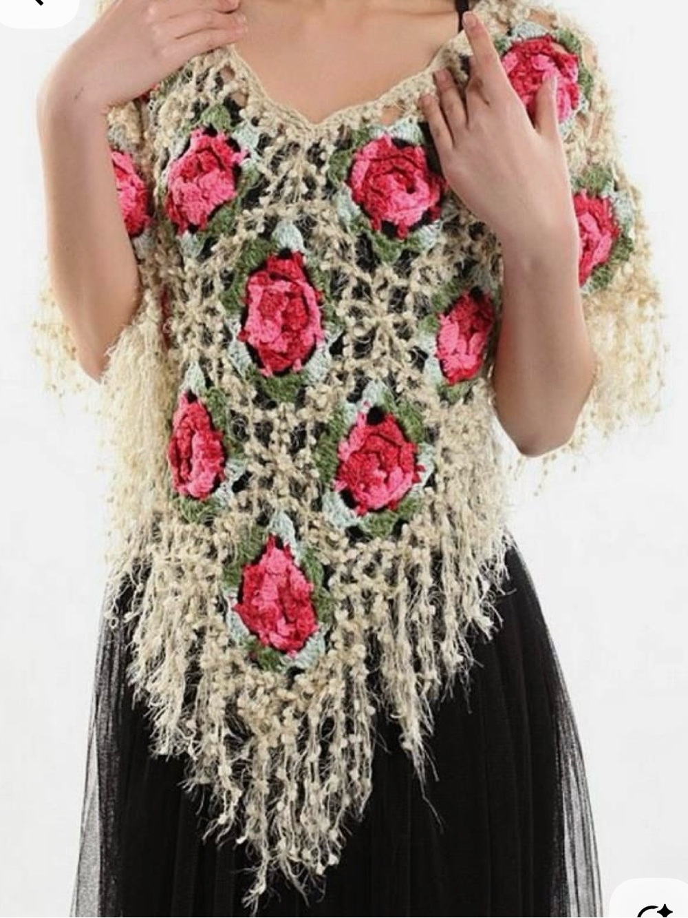 Hot and Delicious Boho Eyelash Crochet Floral Fringe Poncho with Pink Roses, M/L